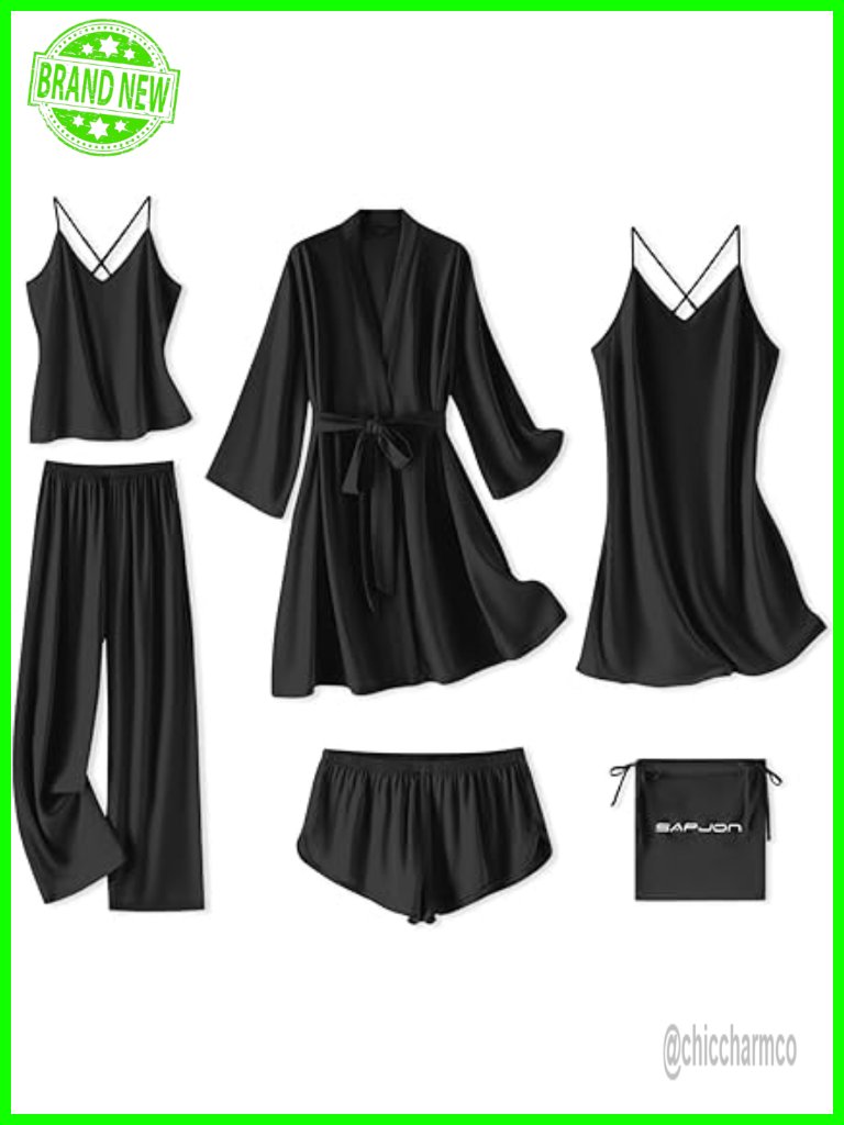 6pc Satin Pajama Set With Robe, Cami, Shorts, Nightdress, Pants & Bag